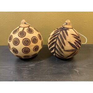 Handcarved Rustic Set Of 2 Christmas Ornament Gourd Folk Art 4" Hanging